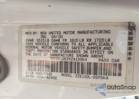 2000 Toyota Corolla Ce z USA, uszkodzony, nr VIN 1NXBR12E3YZ413964